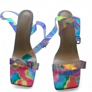 💕 vintage No brand square toe sandals holographic strappy 11 block heel summer